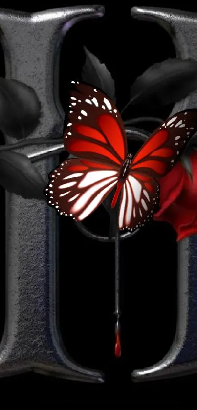 Red butterfly and dark rose with metal on phone wallpaper.