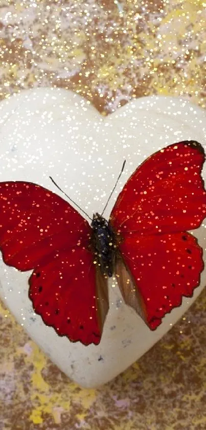 Red butterfly resting on stone heart background.