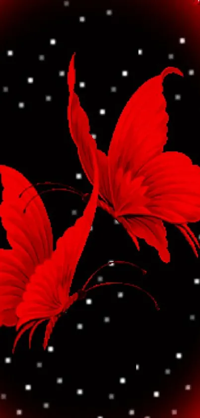 Vibrant red butterfly wallpaper with black background and white dots.