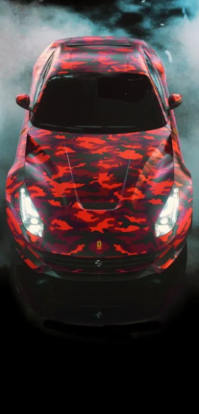 Vibrant red camo sports car with smoky backdrop.