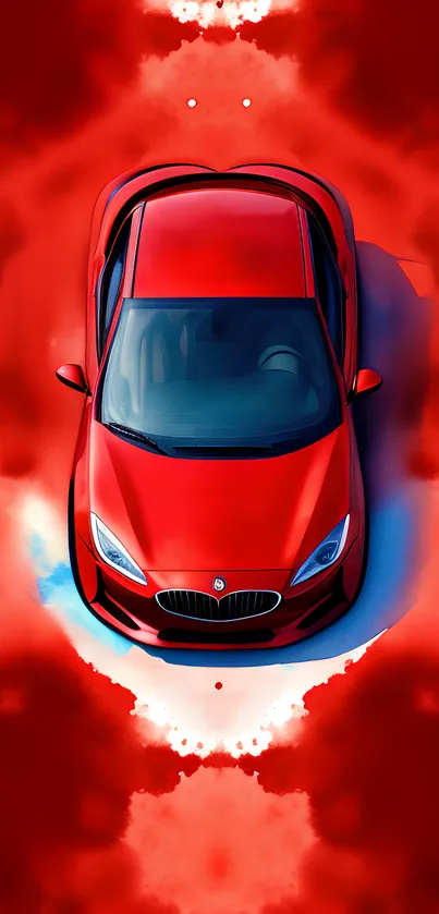 Top view of a red car with artistic red background.