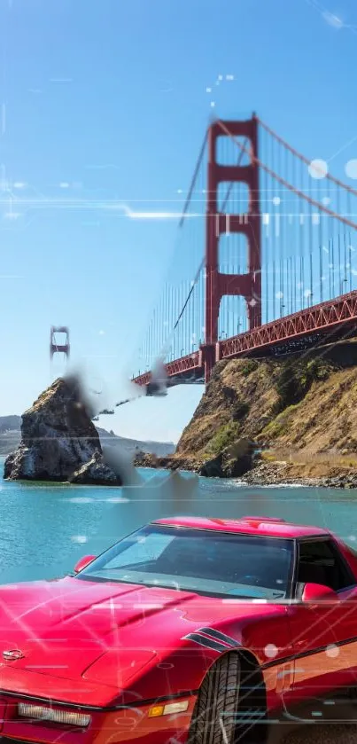 Red sports car by Golden Gate Bridge in sunny landscape.