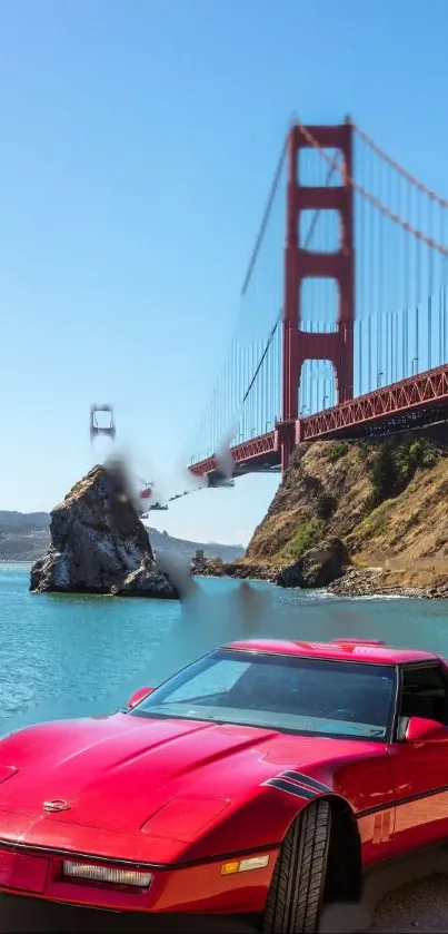 Red sports car by Golden Gate Bridge with blue sky.