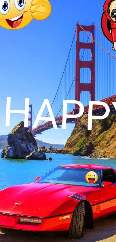 Red car by Golden Gate Bridge with emojis and 'HAPPY' text.