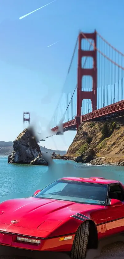 Red car parked near Golden Gate Bridge and blue water.