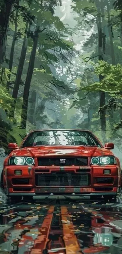 Red car driving through lush, green forest landscape.