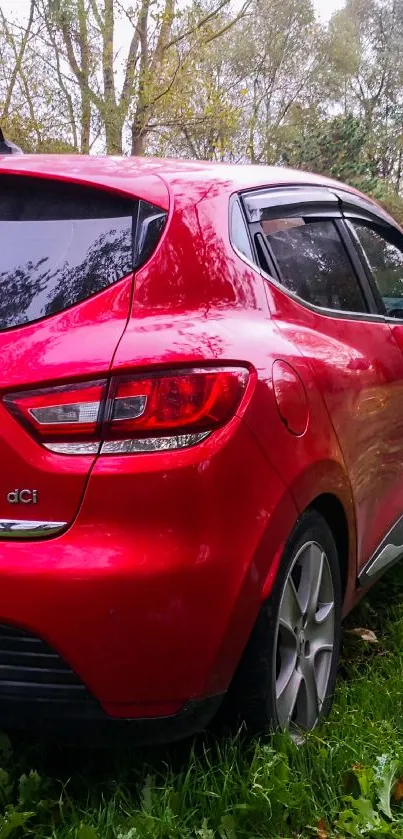 Red car parked amidst lush green grass and trees.