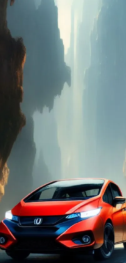 A red car drives through a stunning canyon landscape in this mobile wallpaper.