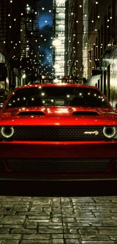 Red sports car in a dimly lit city alley.