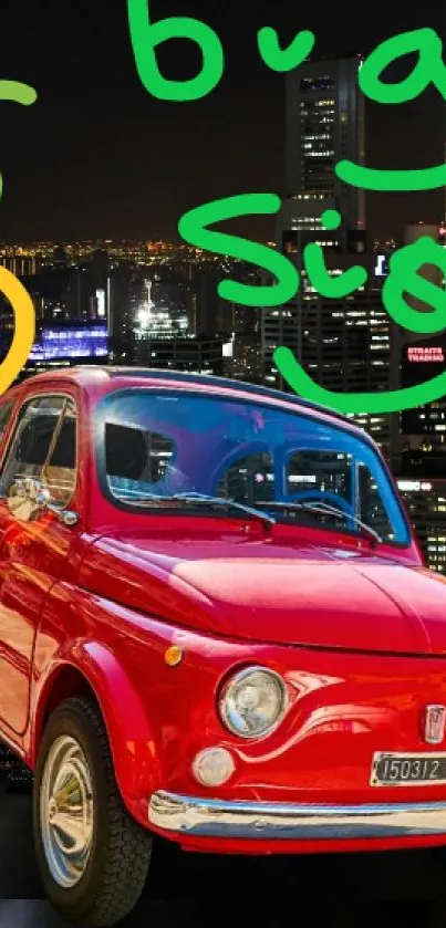 Red vintage car on illuminated city background at night.