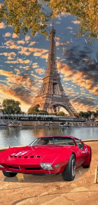 Red sports car in front of Eiffel Tower during sunset in Paris.