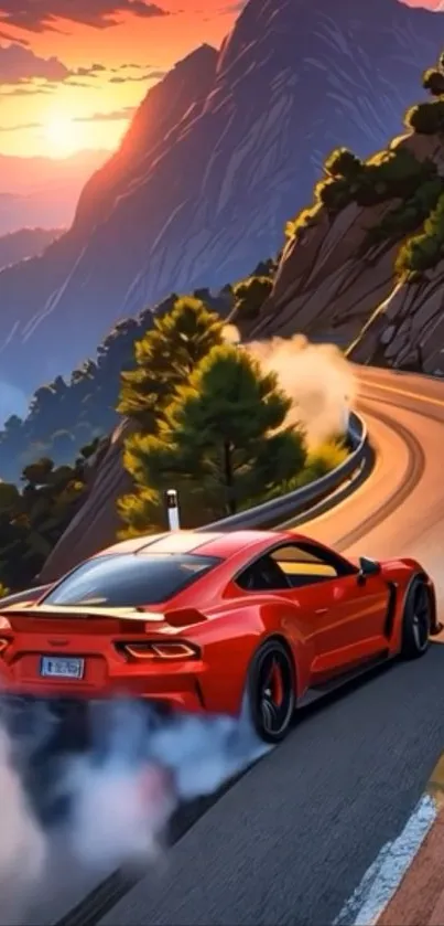 Red sports car drifting on a scenic mountain road at sunset.