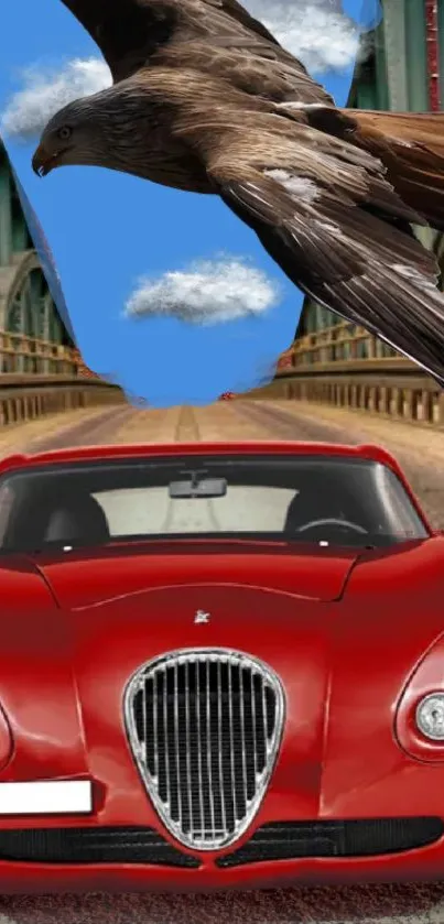 Red car on road with eagle flying overhead.