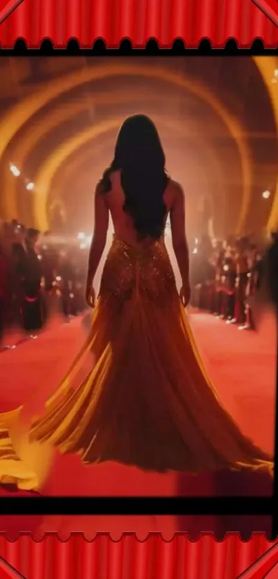 Silhouette on red carpet with a luxurious golden gown.