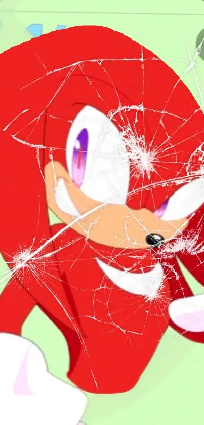 Red cartoon character with shattered glass effect on wallpaper.