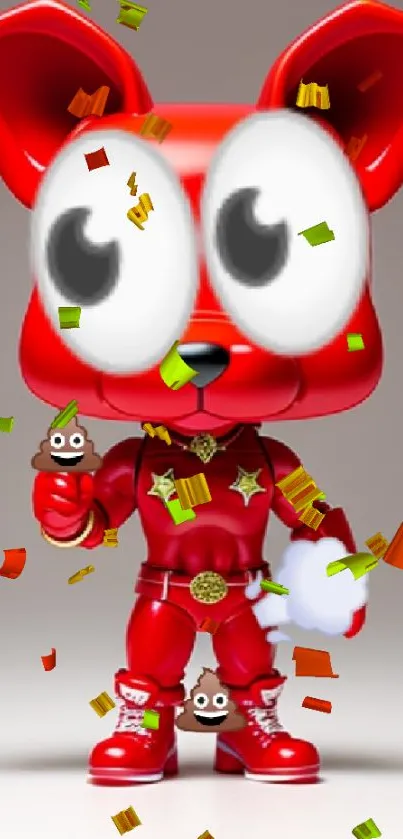 Vibrant red cartoon character with large eyes and playful features.