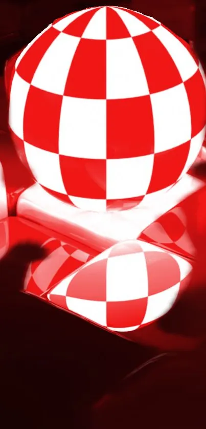 Red checkered sphere with reflection on bold abstract background.