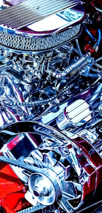 Vibrant red and chrome engine wallpaper for car enthusiasts.