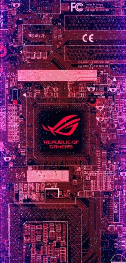 Red circuit board wallpaper featuring tech design.