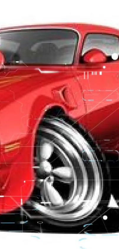 Red classic car with chrome wheels in artistic design on mobile wallpaper.