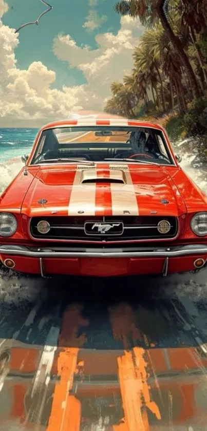 Red classic car driving along a tropical beach road with waves and palm trees.