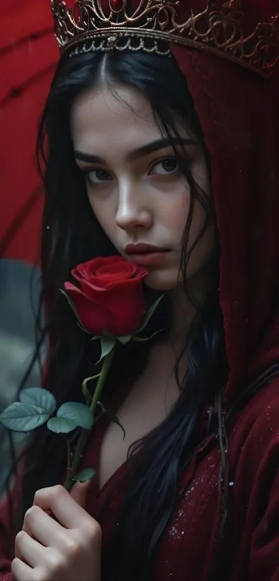 Woman in red cloak with rose wallpaper