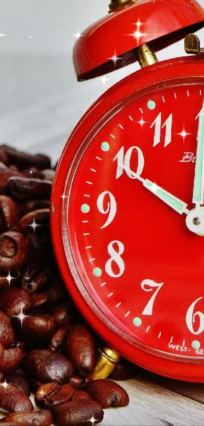 Red alarm clock with coffee beans, vibrant mobile wallpaper.