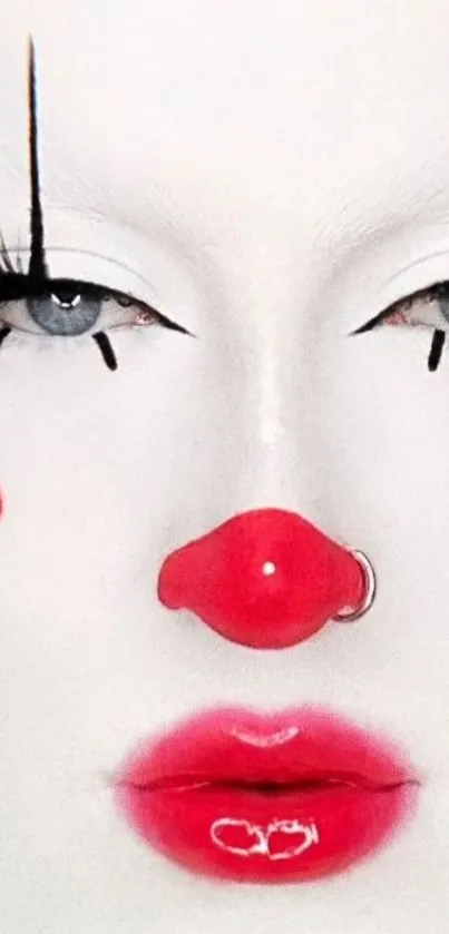 Artistic clown makeup with red nose and lips on wallpaper.