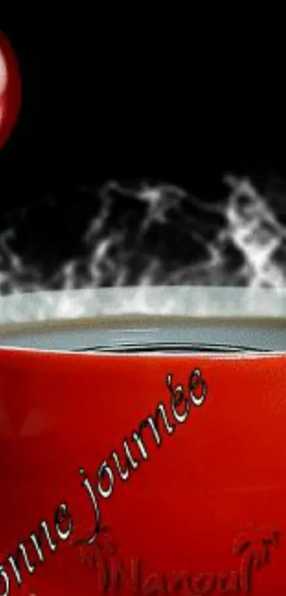 Red coffee cup with steam on phone wallpaper.