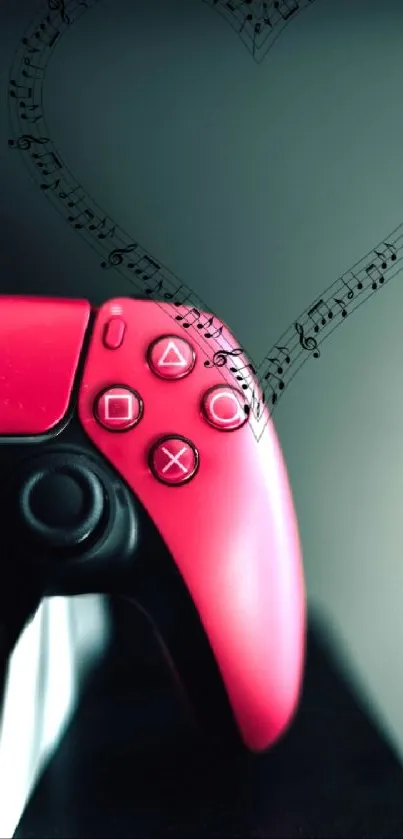 Red gaming controller with musical heart design.