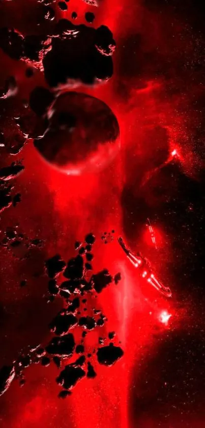 Vivid red cosmic scene with asteroids in space.