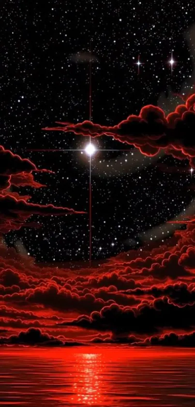 Red clouds and stars over a reflective water surface at night.