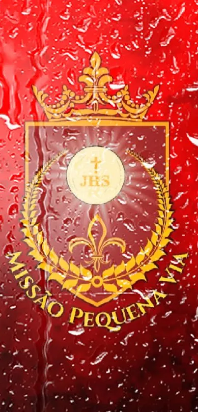 Red mobile wallpaper with crest design and intricate details.