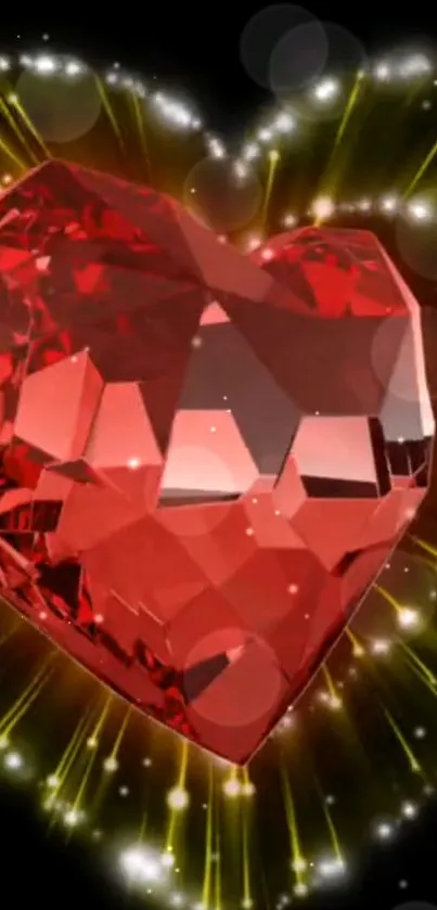 Red crystal heart with glowing golden accents wallpaper.