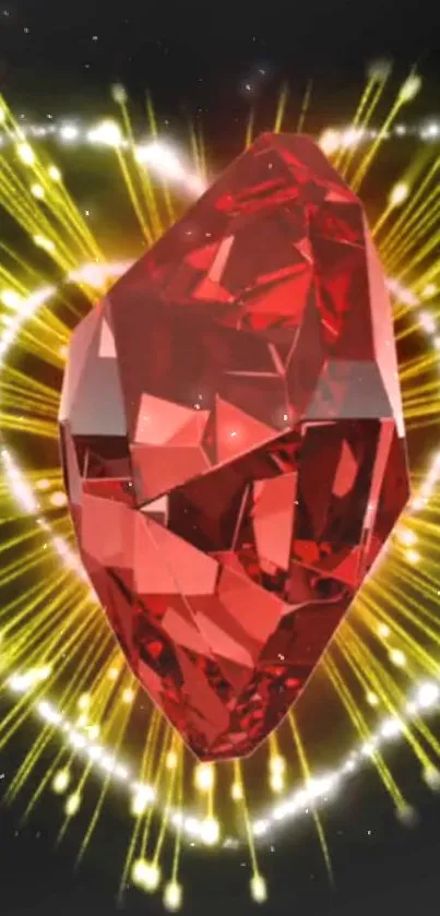 Red crystal wallpaper with yellow rays and abstract glow.