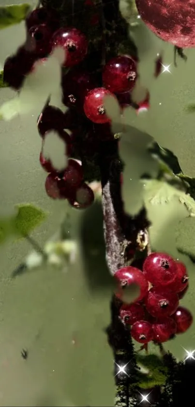 Vibrant red currants in moonlit landscape with stars and green leaves.