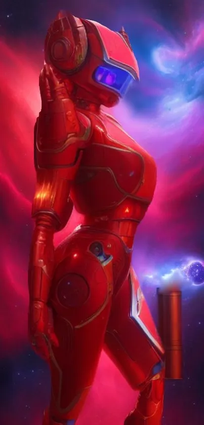 Red sci-fi cyborg in cosmic background wallpaper.