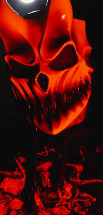 Red demon mask under moonlight with dark eerie setting.