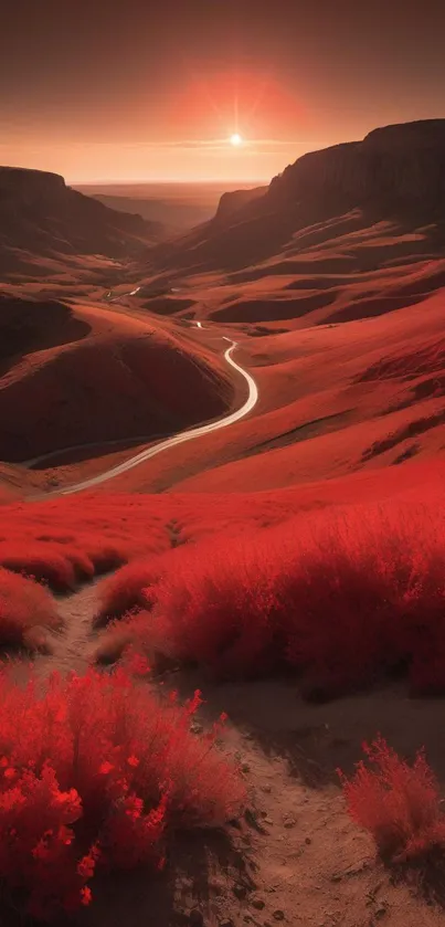 Vivid red desert landscape during sunset with scenic pathway.