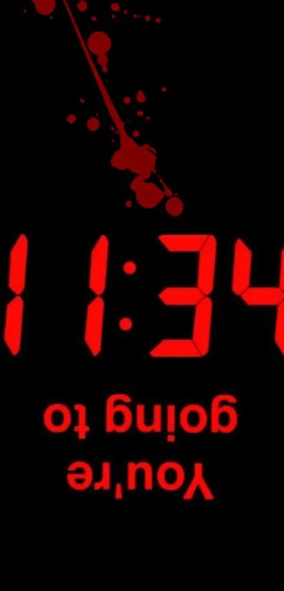 Red digital clock on black background with playful text.