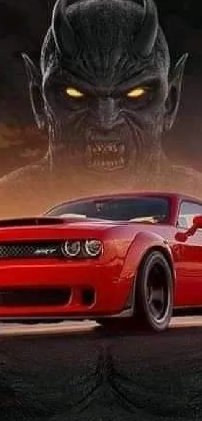 Red Dodge Demon car with fiery backdrop and dark figure, mobile wallpaper.