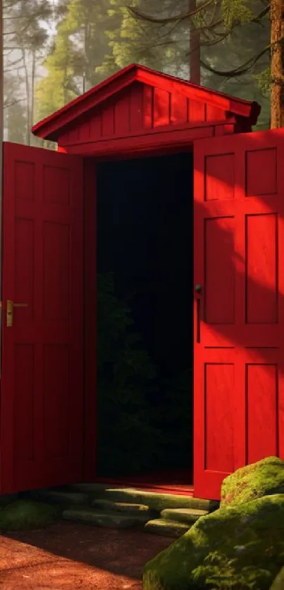 Open red door in a tranquil forest setting.