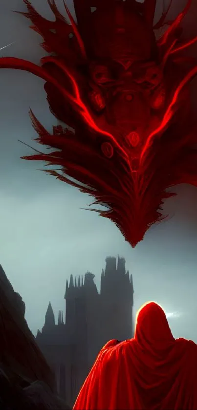 Red dragon hovering over cloaked figure in gothic setting.