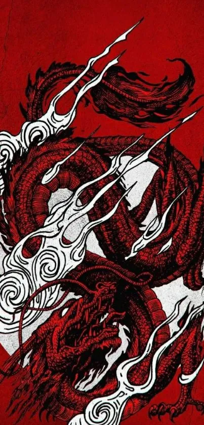 Red dragon artwork on bold red background.