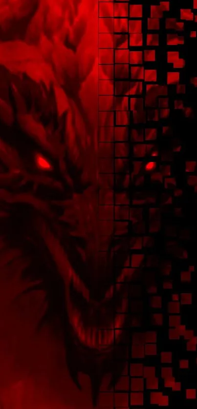 Digital art of a fierce red dragon with a pixelated design.