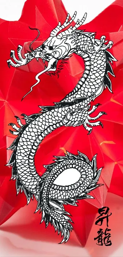 Intricate black and white dragon on red origami wallpaper.