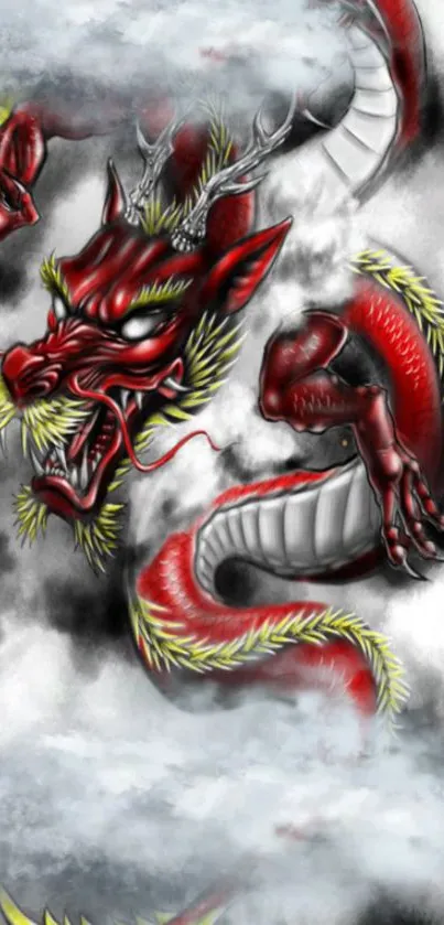 Intricate red dragon amidst smoke wallpaper for mobile.