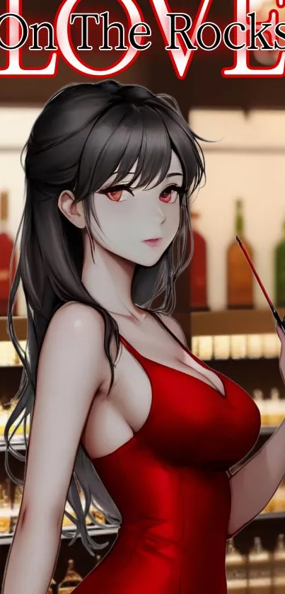 Anime character in red dress at stylish bar.