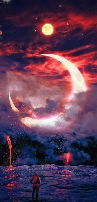 Surreal red eclipse with crescent moon and fiery skies in fantasy landscape.