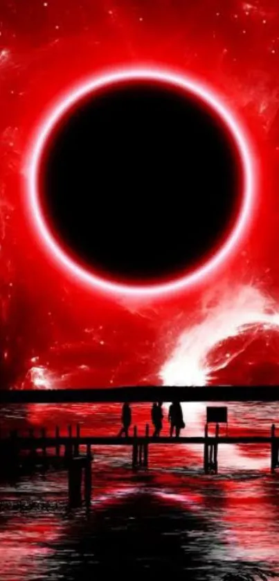 Red eclipse in a starry night sky with silhouetted figures over water.